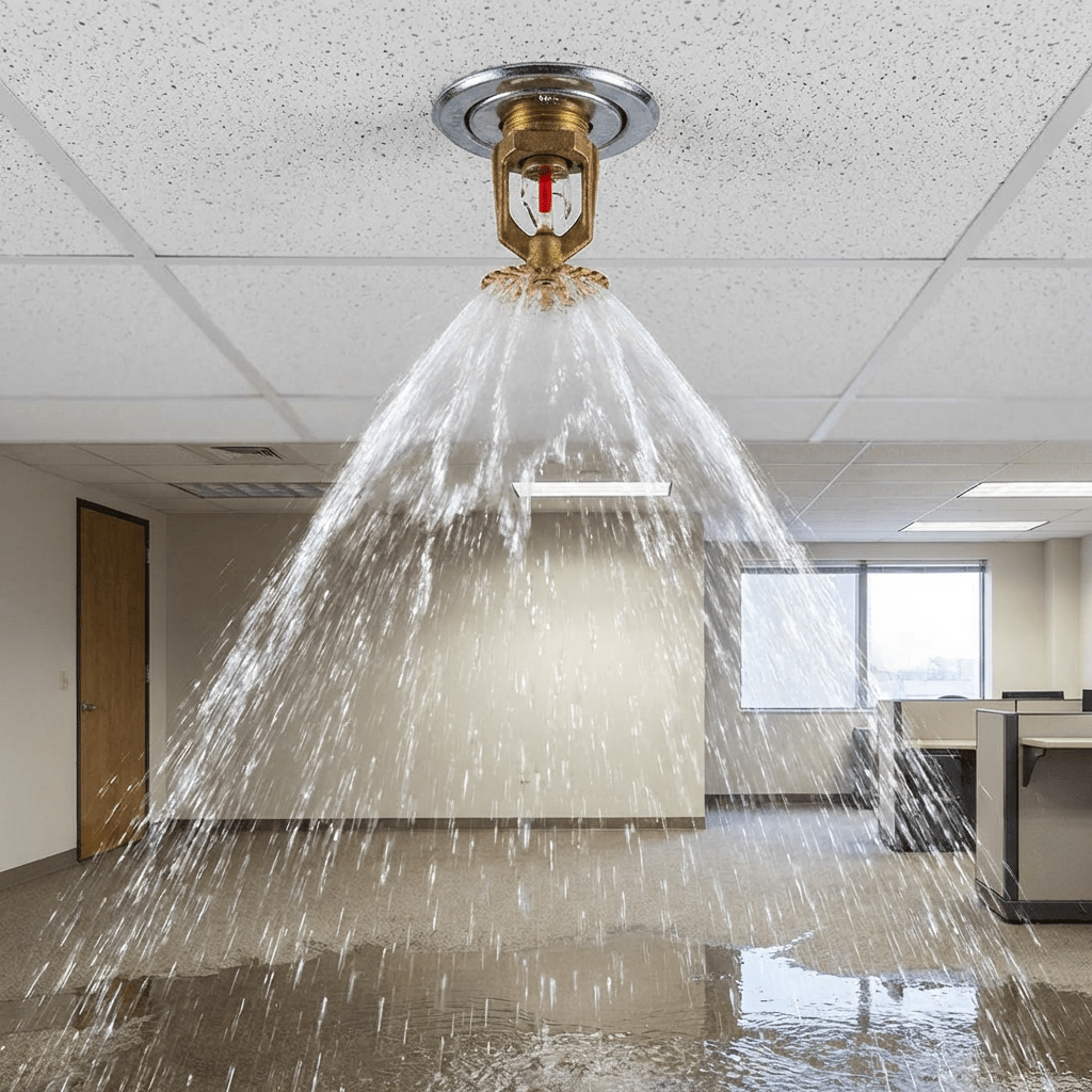Fire sprinkler head discharging water spray in a carpeted office environment.