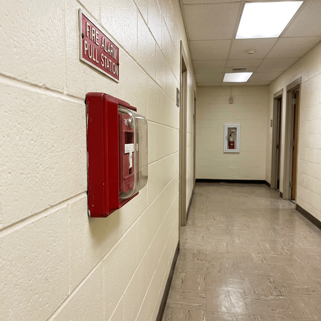 Fire alarm pull station on a wall with sign reading FIRE ALARM PULL STATION.