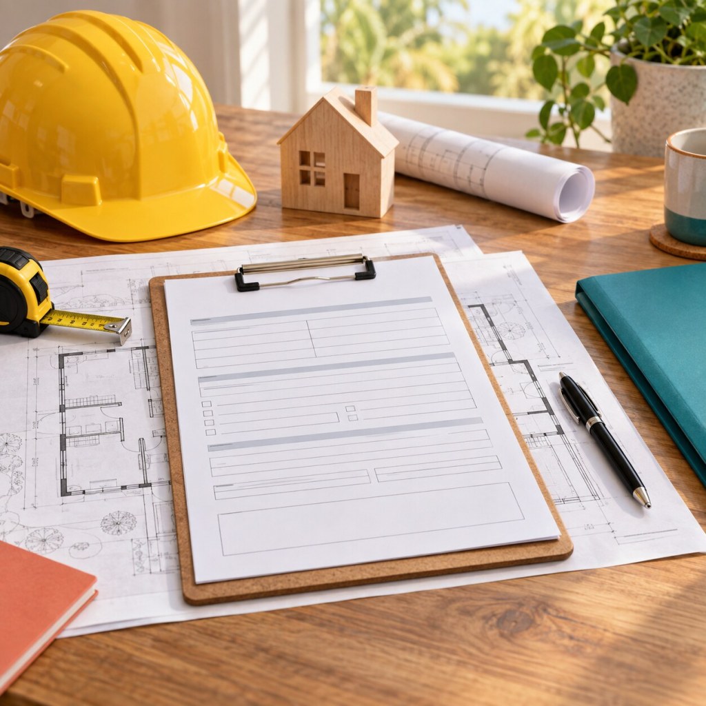 Construction permit application on architectural plans