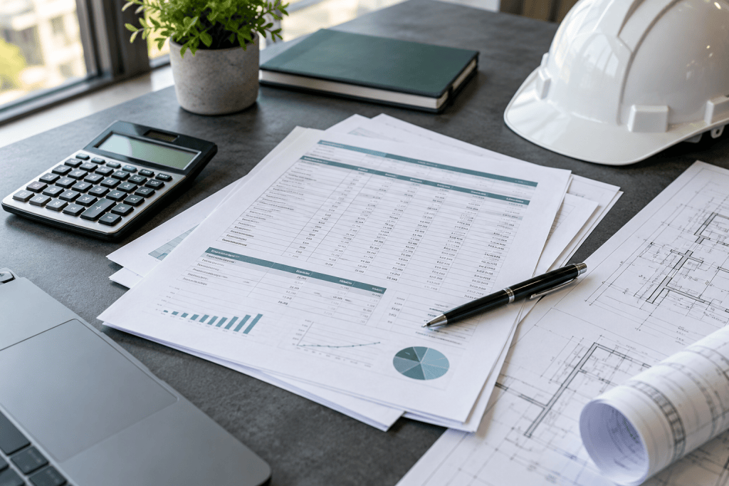 Construction payment paperwork, calculator, plans and a hard hat on a desk. Documentos de cobro de construcción, calculadora, planos y casco sobre un escritorio.