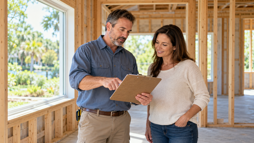 A building inspector and homeowner review a clipboard inside a house under construction.