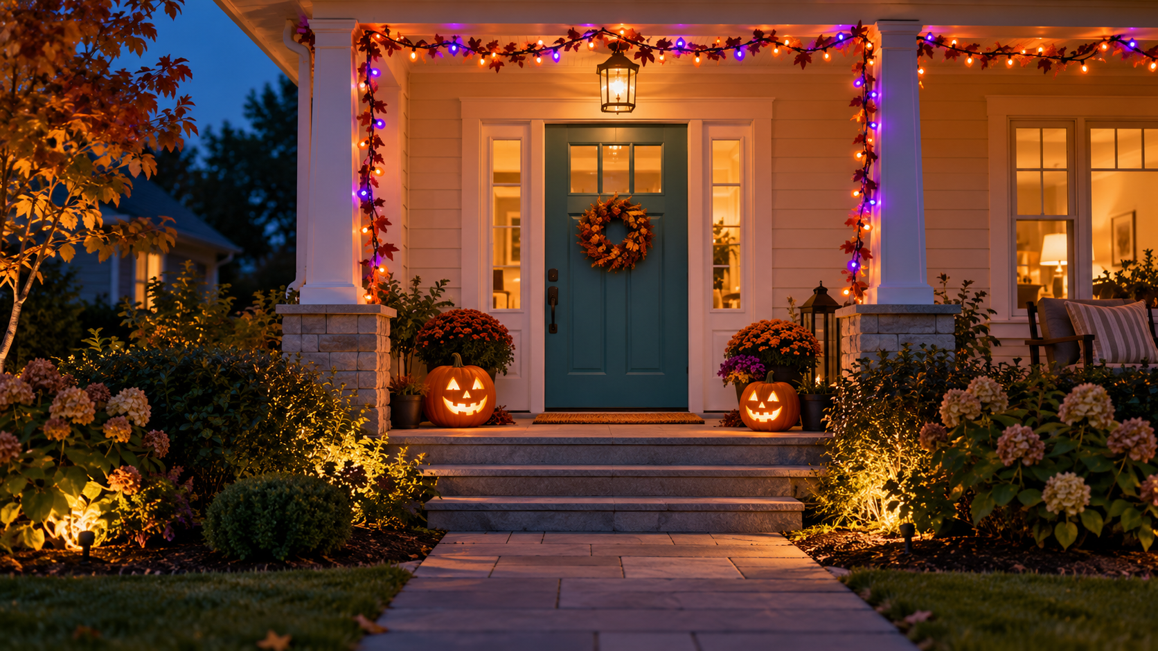 Front porch at dusk with orange and purple Halloween lights, two glowing pumpkins and a clear walkway.