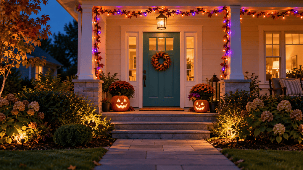 Front porch at dusk with orange and purple Halloween lights, two glowing pumpkins and a clear walkway.